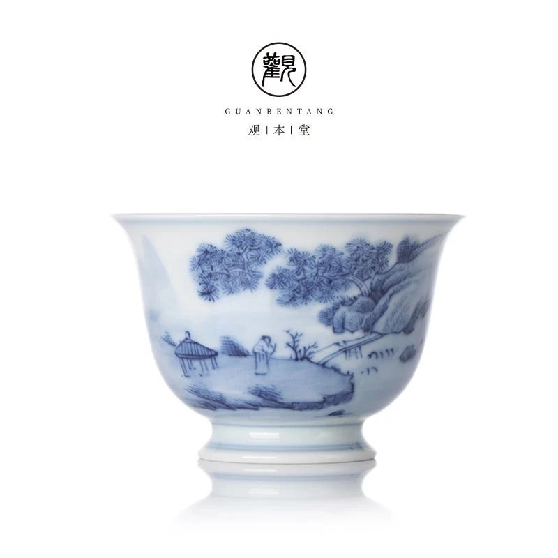 景德镇青花山水压手杯纯手绘品茗杯单杯主人杯茶杯