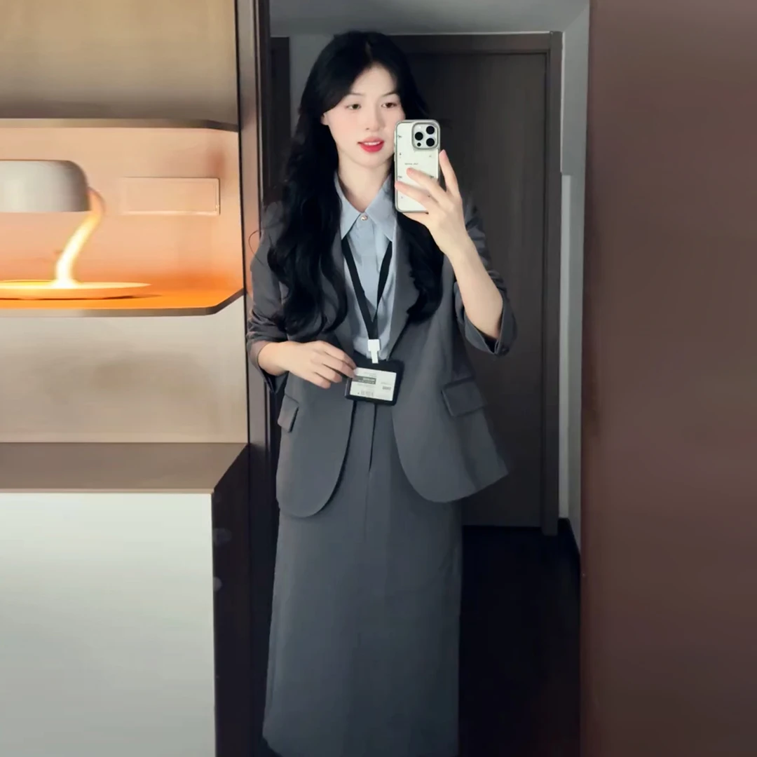 高级感蓝色西装外套正装大学生收腰职业西服女士面试通勤套6686