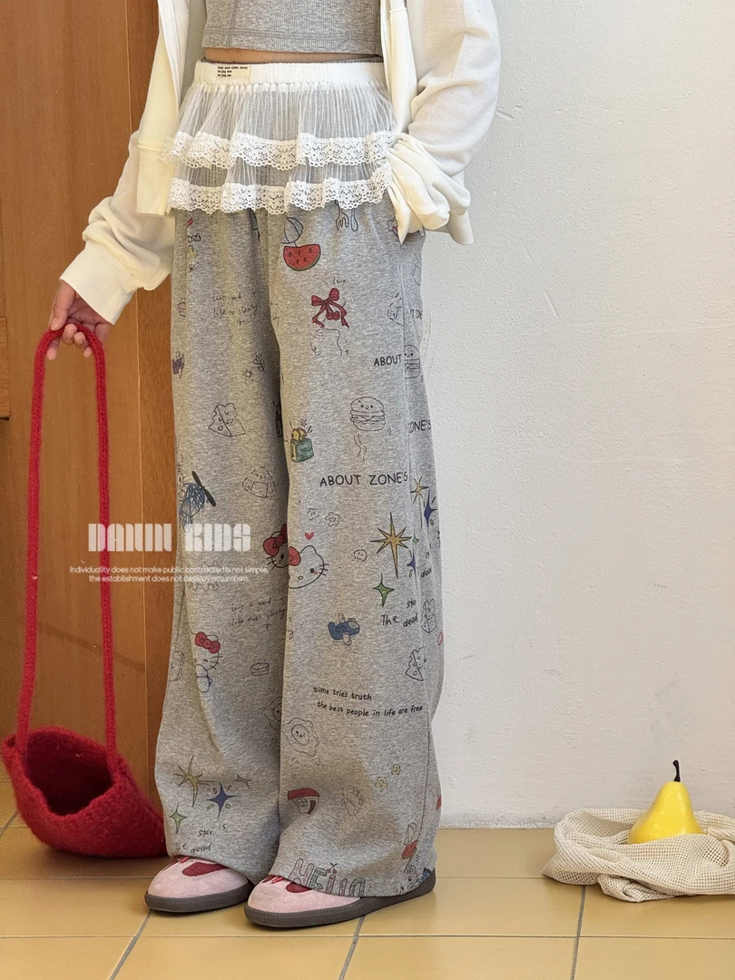 【嗒囜】女童2025夏季新款个性手绘涂鸦阔腿裤儿童时尚松紧腰休闲裤