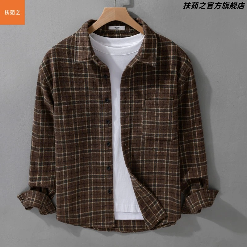 日系复古格纹衬衫男长袖秋冬季加厚文艺休闲宽松磨毛呢衬衣外套潮