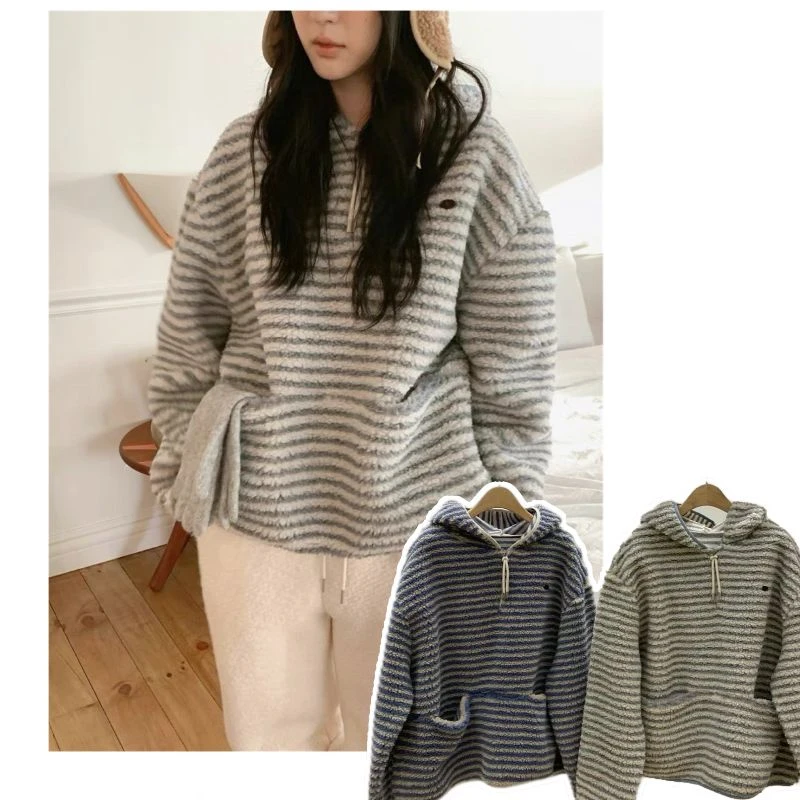 2973【条纹摇粒绒】Y韩系软糯糯毛绒连帽卫衣羔羔毛大口袋连帽保暖