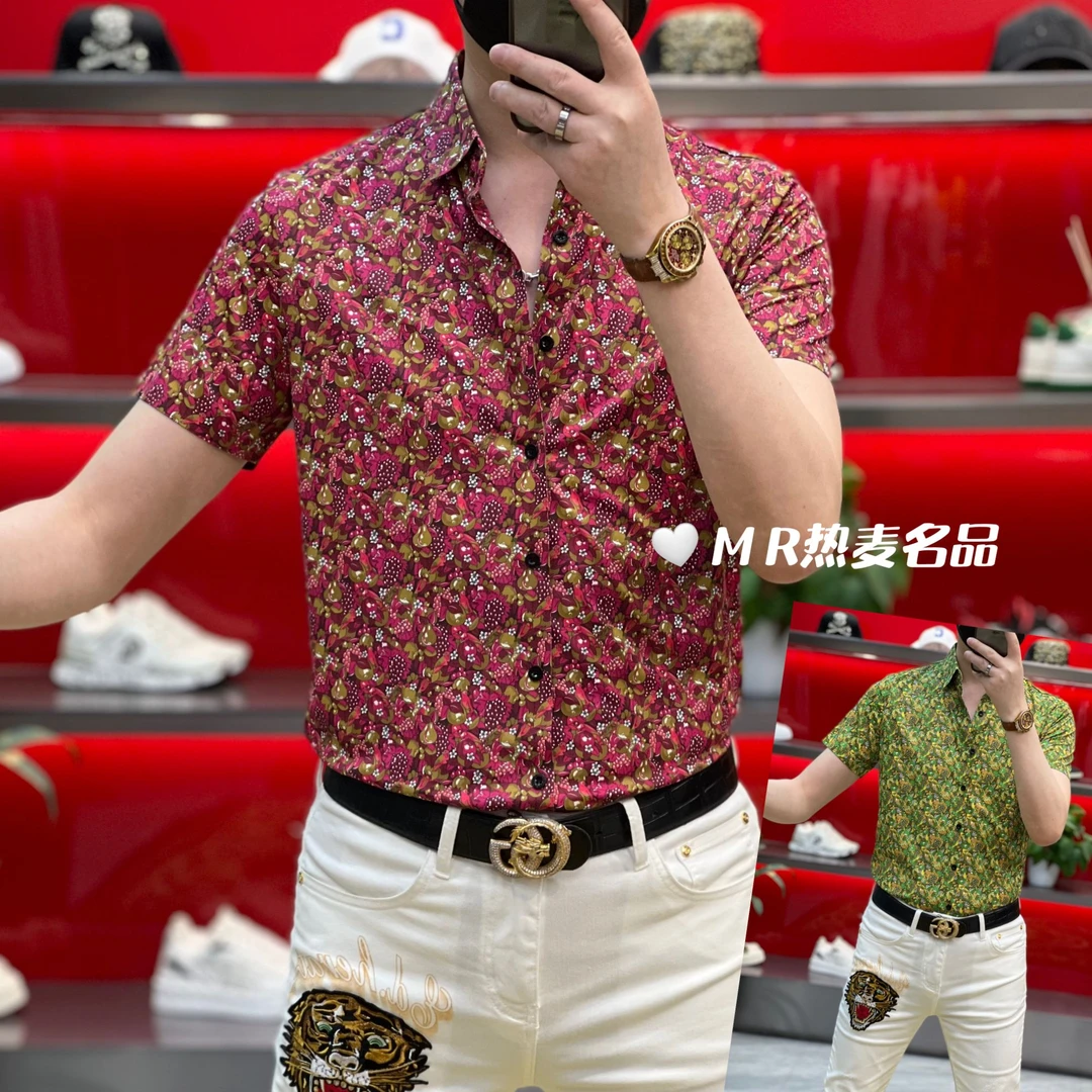 【热麦甄选】2025夏季衬衫水果印花鸟语花香款男士免熨烫弹力翻领