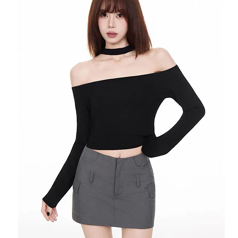 一字肩挂脖长袖T恤女设计感秋冬内搭显瘦打底衫辣妹性感短款上衣