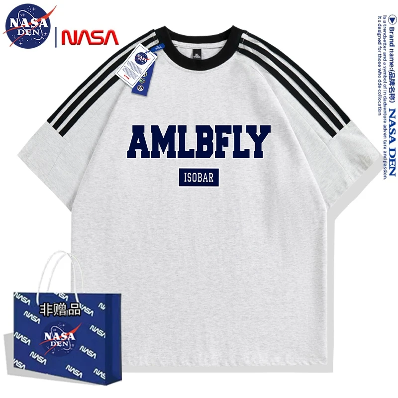 NASA联名百搭简约印花休闲风重磅纯棉半袖三条杠男女款T恤短袖ins