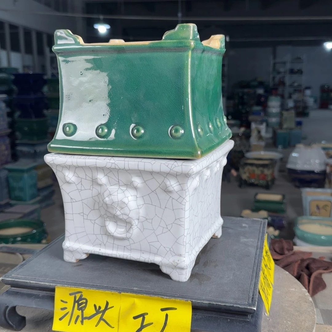 一风堂石湾花盆，釉裂盆口收缩