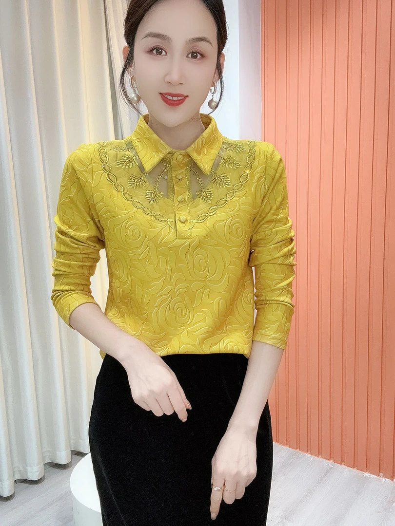 2025冬季新款衬衫领蕾丝气质百搭长袖减龄加绒打底衫上衣女869