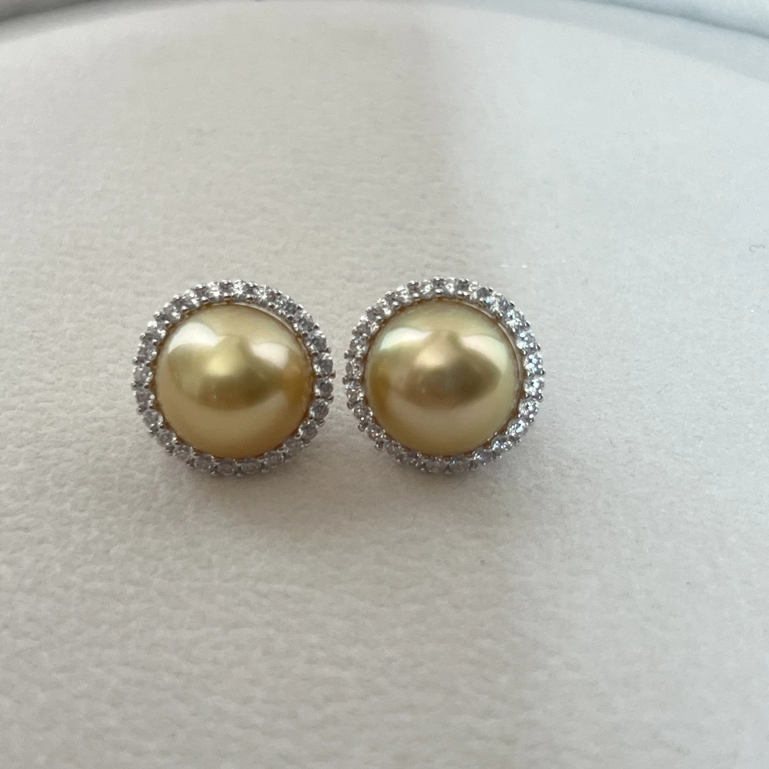 天然海水南洋金珠10-11mm浓绿茶金耳钉精致时尚优雅