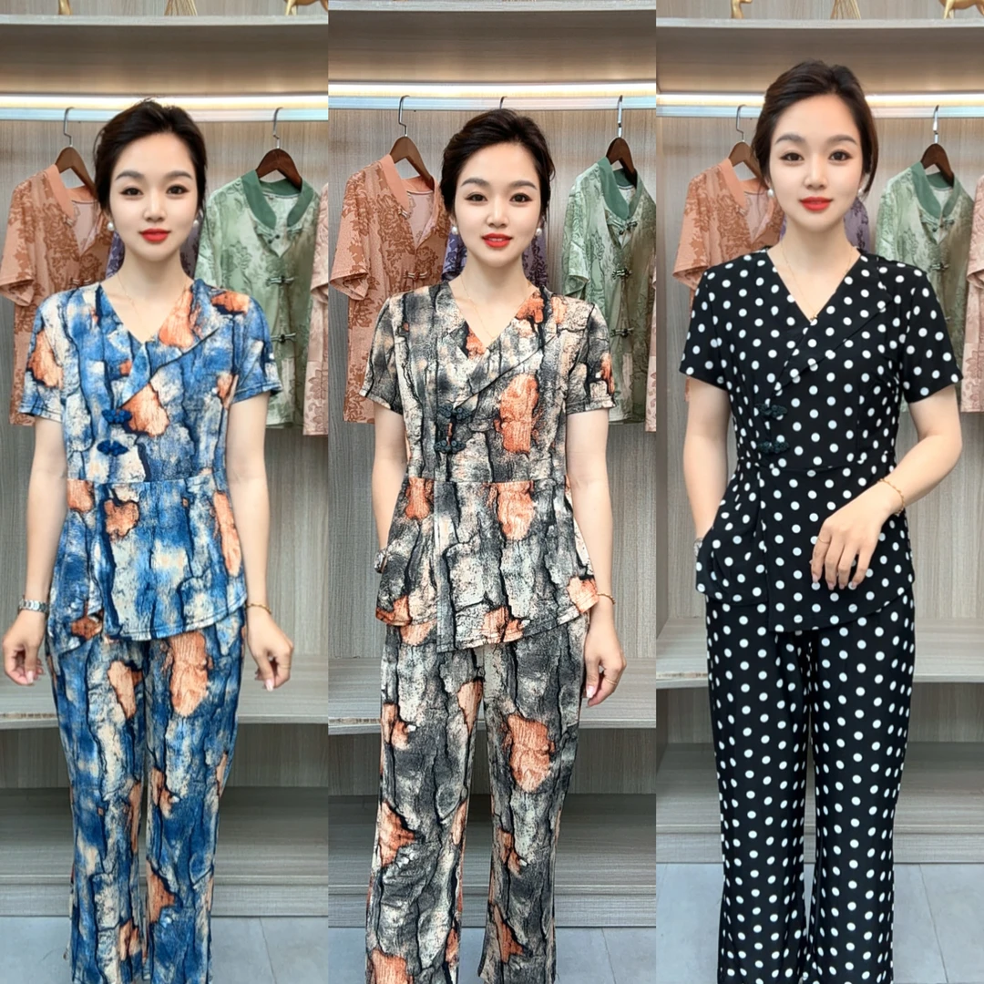 夏季新款妈妈装翻领短袖套装优雅精致女装时尚西装领气质两件套装