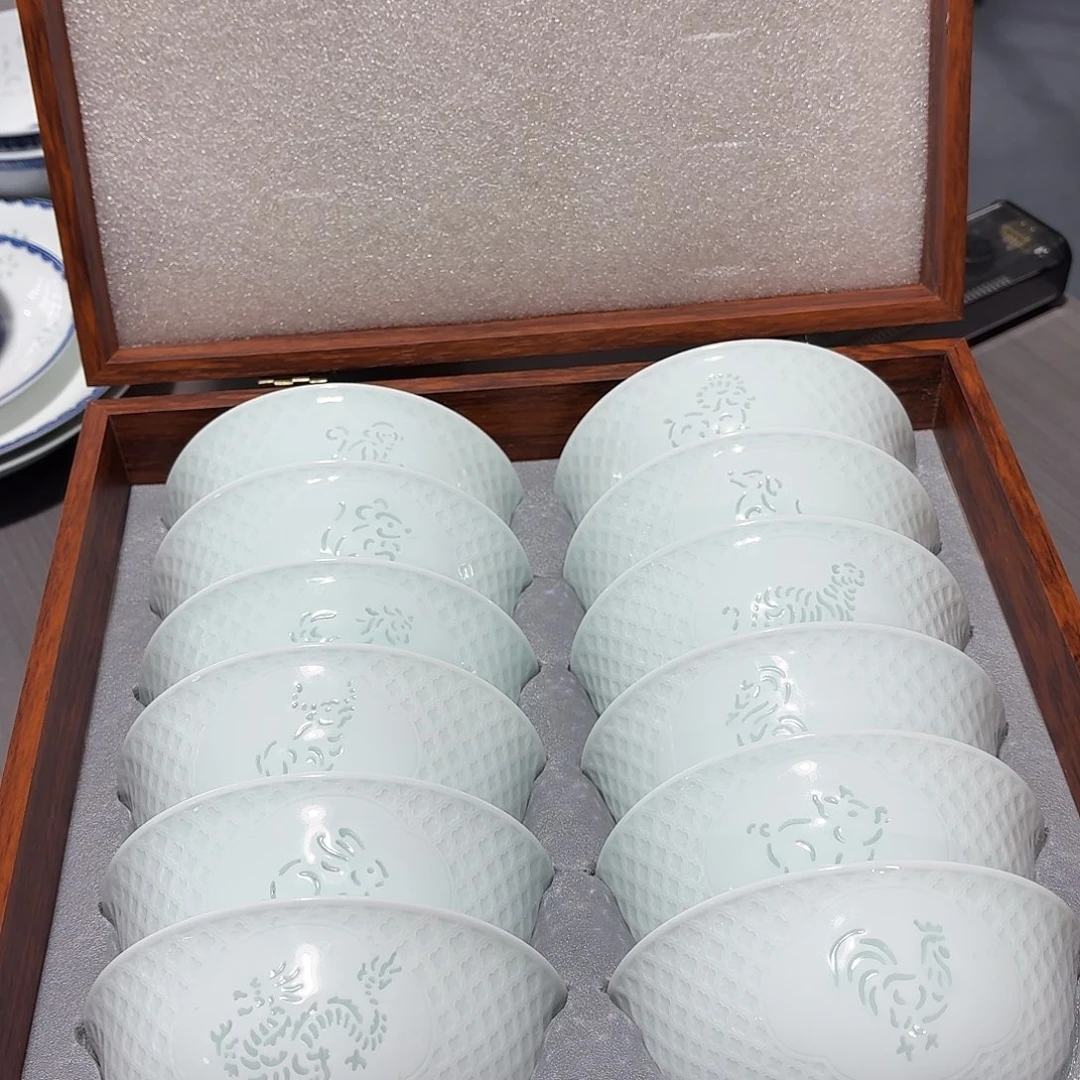 碗景德镇陶瓷青釉生肖套装碗12个