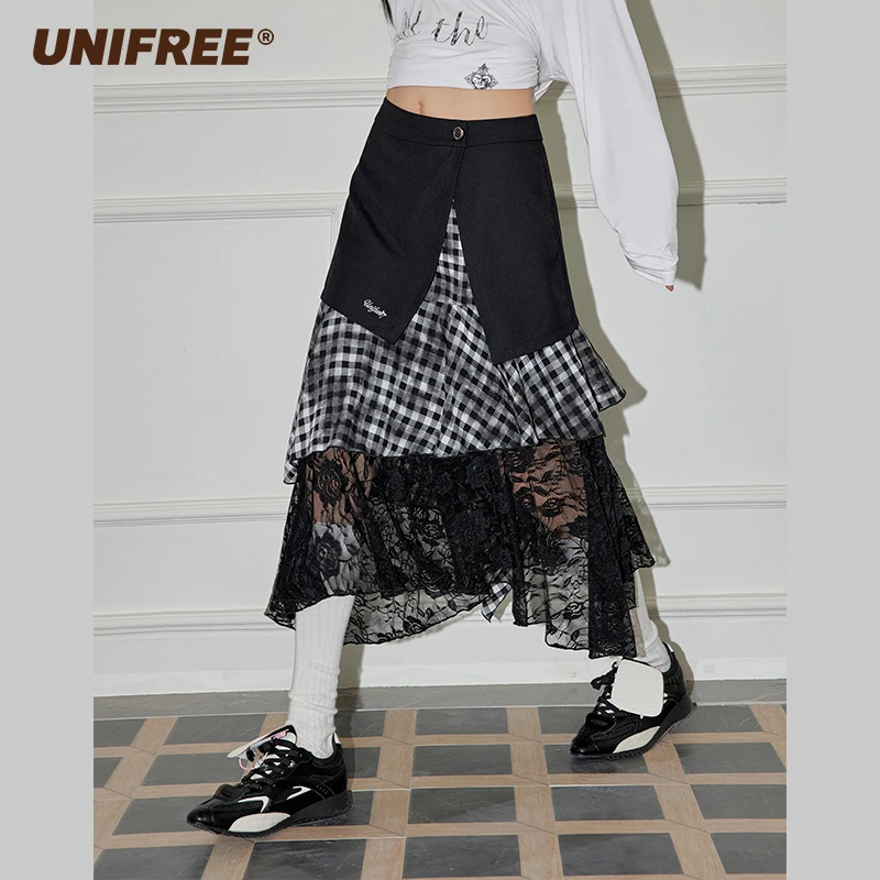 【25年春】脏染格子半身裙蕾丝拼接不规则复古显瘦长款裙