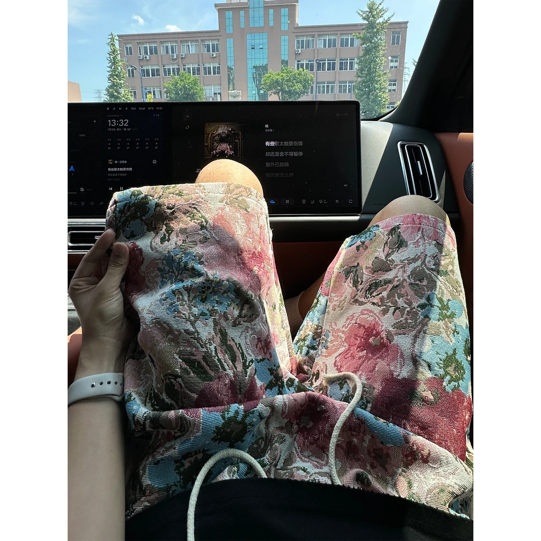 粉色夏威夷短裤男潮牌夏季美式复古沙滩裤子小众运动阔腿四五分裤