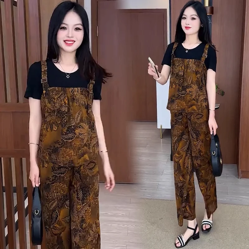 时尚套装女2025夏季新款洋气显瘦假两件印花上衣阔腿裤两件套潮