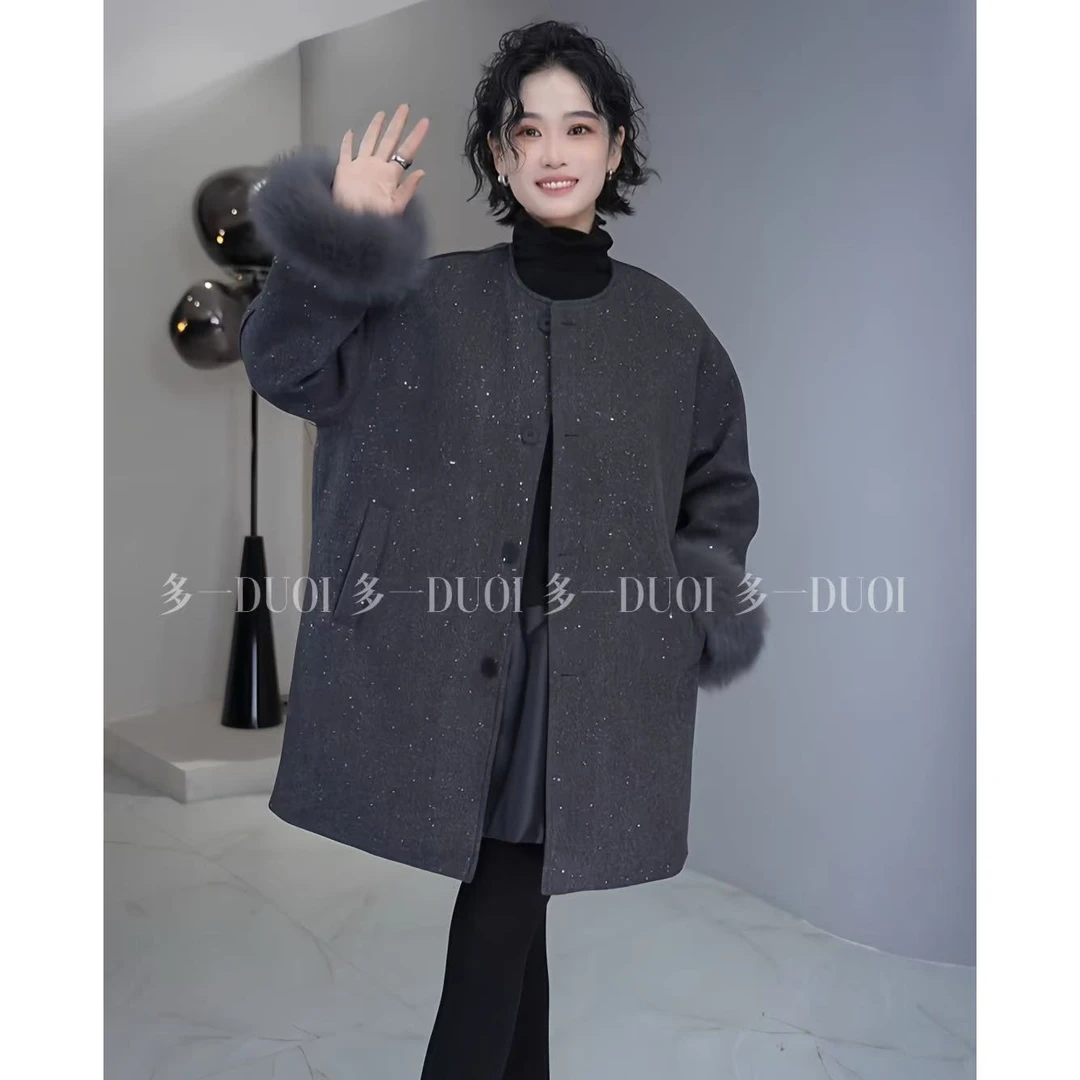 多一“星夜”2024冬季高级感圆领亮闪闪袖口可拆卸毛毛保暖羽绒服