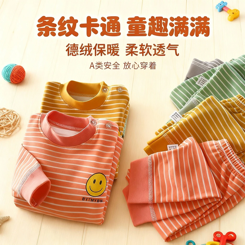儿童秋衣秋裤套装宝宝内衣男女童打底家居服套装中高领秋冬款条纹