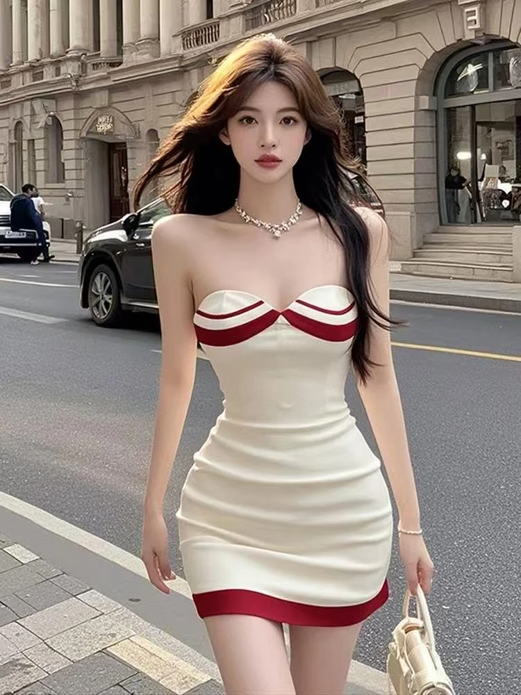 小个子纯欲风撞色一字肩性感辣妹吊带包臀修身显瘦连衣裙子女春季