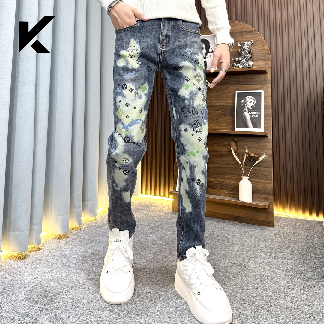 印花痞帅潮男裤子男士秋装男款2025新款爆款潮牌蓝色牛仔裤高级感