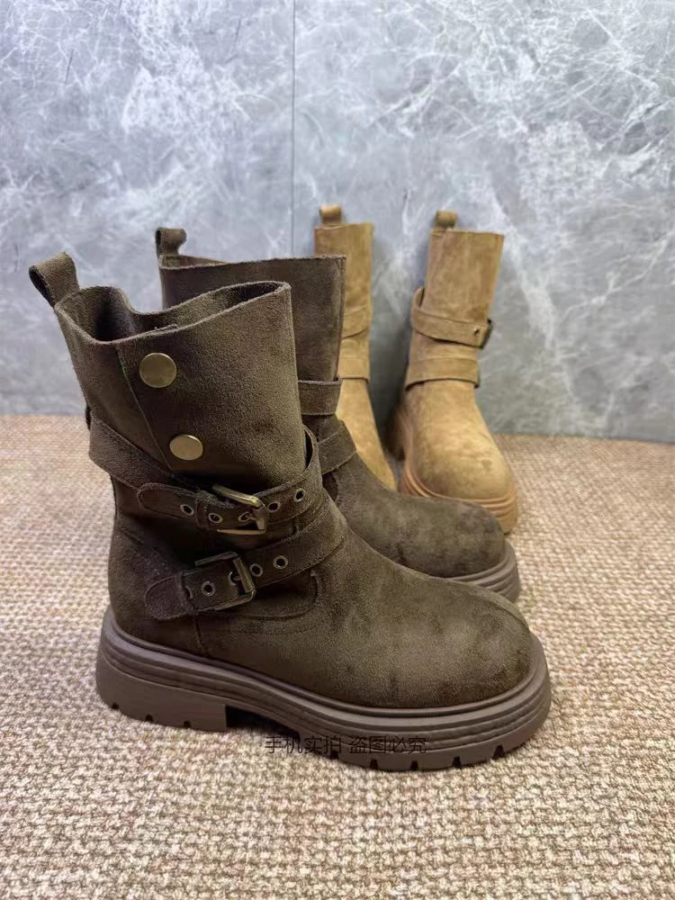 厚底复古英伦风马丁靴女新款秋季美拉德西部牛仔中筒短靴1008