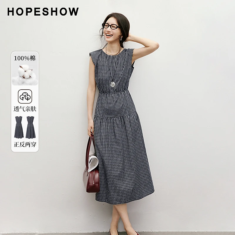 红袖2025夏季女装 复古格纹收腰两穿领套头背心连衣裙90225131607