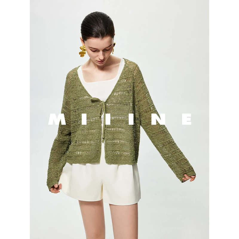 Miiine慵懒度假风 镂空廓形显瘦针织开衫女 复古百搭花纱外套