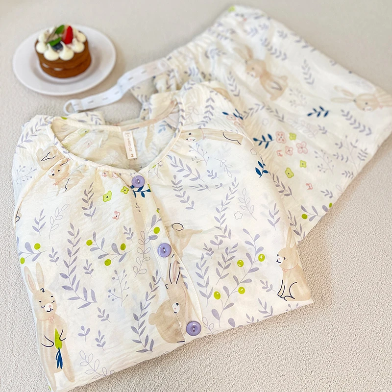 M【带胸垫-云朵棉皱布】A类月子服春夏薄款产后孕妇哺乳衣宽松睡衣