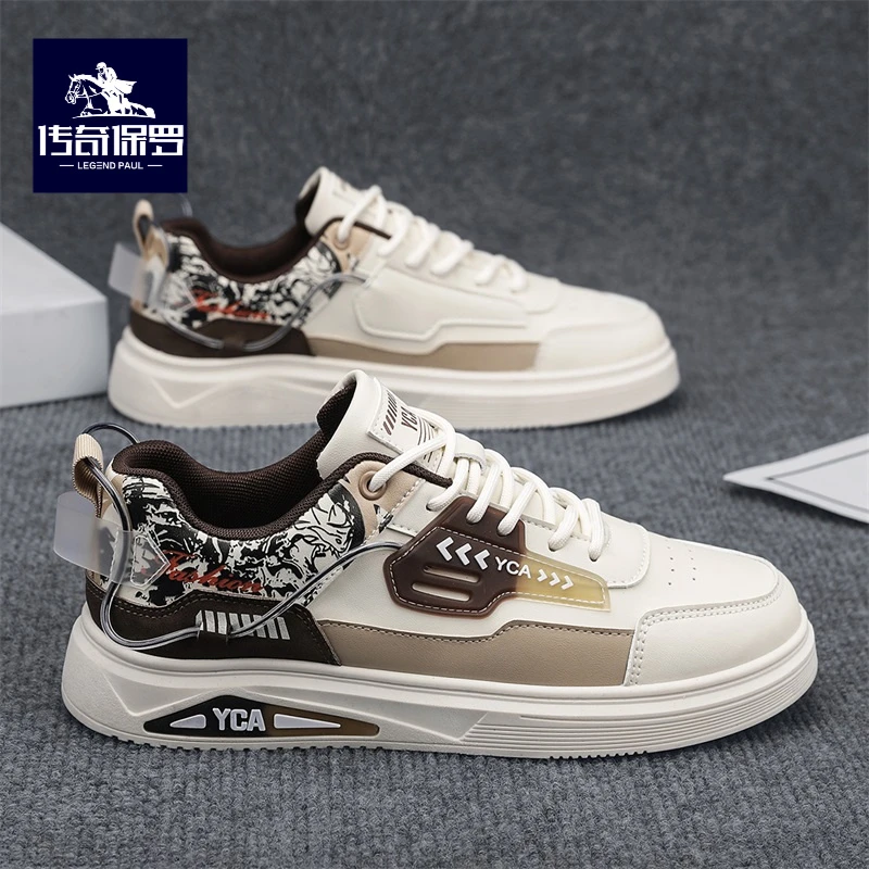 传奇保罗鞋子男秋季皮面防水运动板鞋男士百搭防滑软底低帮休闲鞋