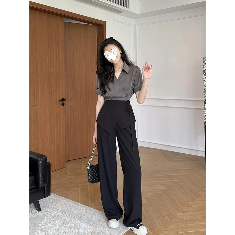 洋气衣服女夏季黑灰高级撞色收腰短袖衬衫+显瘦直筒裤子气质套装