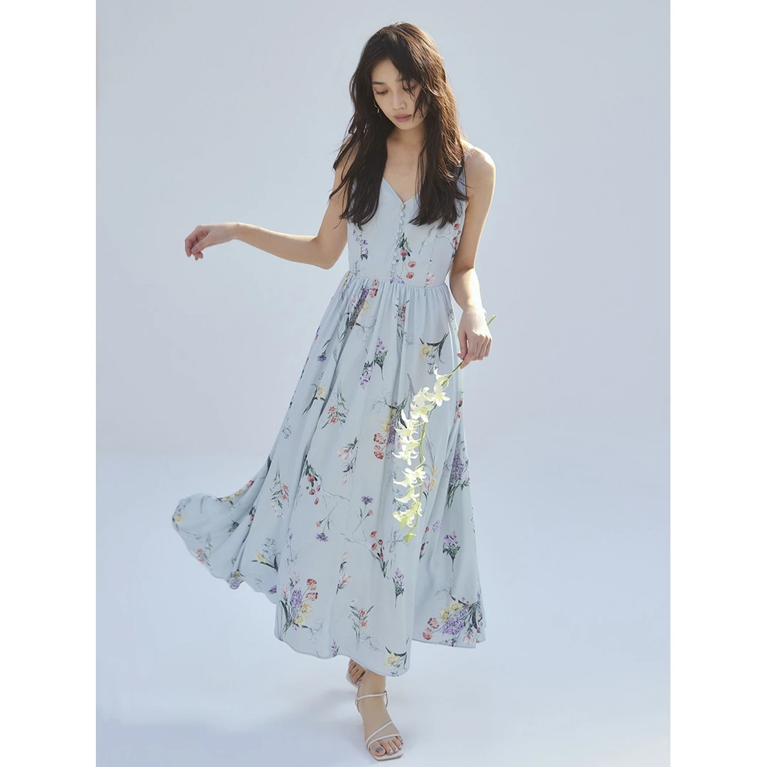 【小E家】F 夏季新款 植物印花吊带背心连衣裙小清新碎花裙子