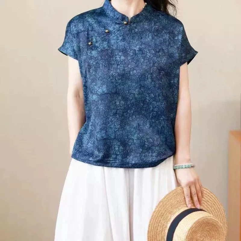 夏季新款新中式国风遮肉显瘦垂感冰裂纹短袖上衣