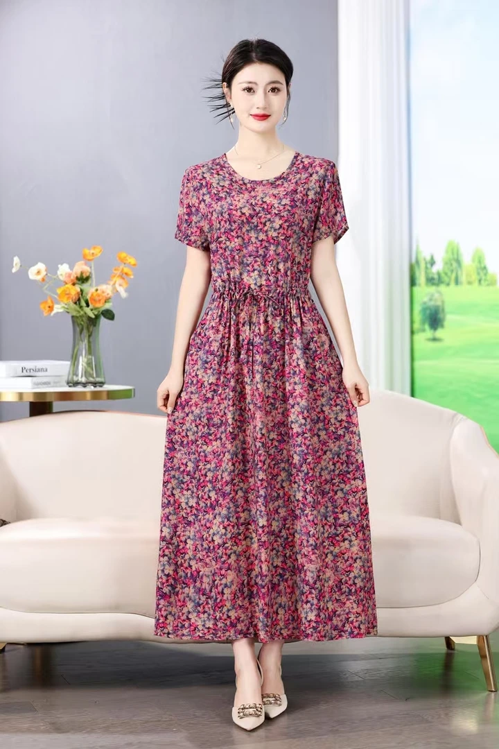 【1米2长裙】 2025中老年棉绸过膝收腰修身显瘦妈妈大码遮肚连衣裙