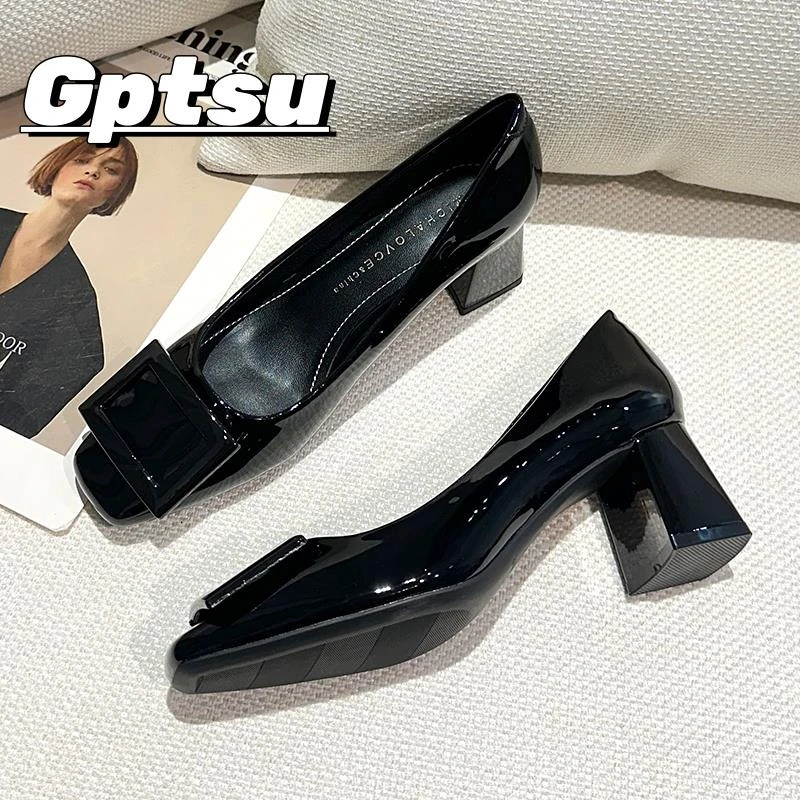 GPTSu职业黑色高跟鞋女粗跟新款复古方头浅口方扣中跟通勤单鞋女