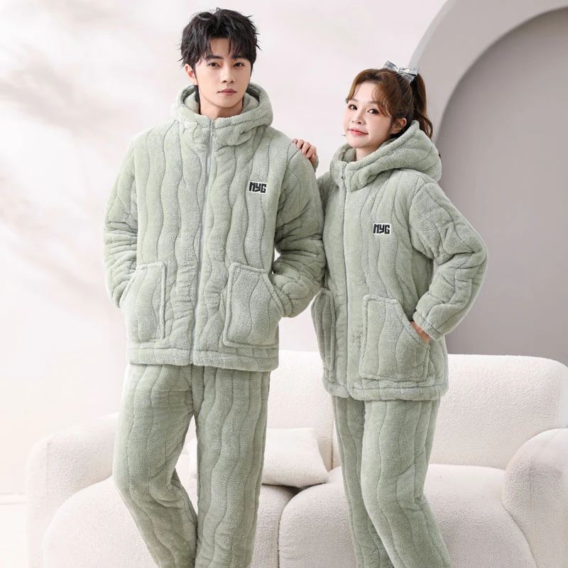 冬款加厚连帽拉链女士睡衣家居服三层夹棉外穿套装