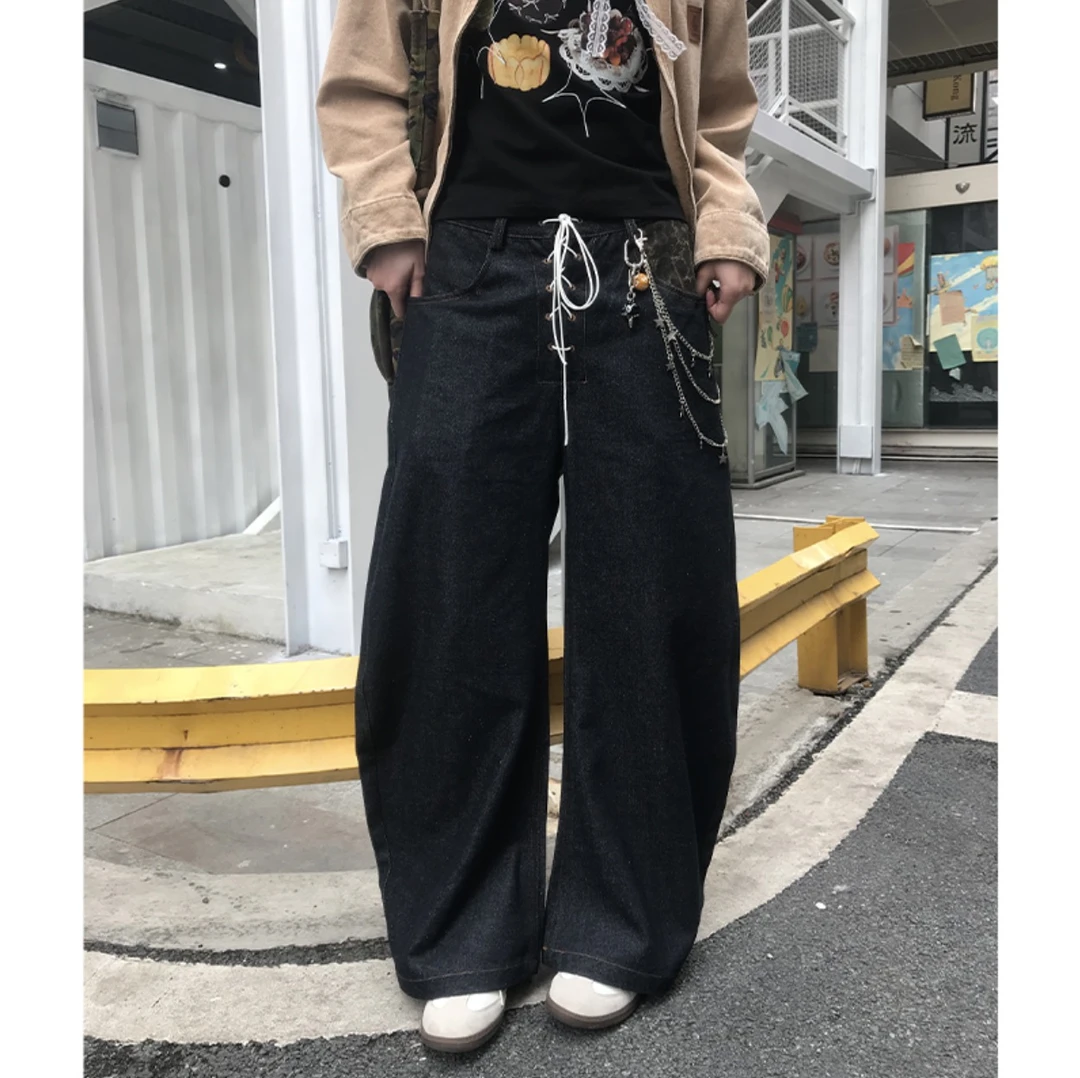 【饭困了】美式复古宽松绑带牛仔裤宽松休闲直筒拖地裤子