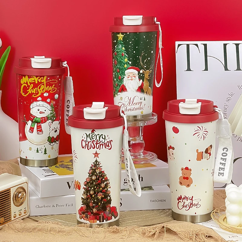 圣诞双饮咖啡杯316不锈钢保温杯高颜值女士便携提绳随行杯礼品杯