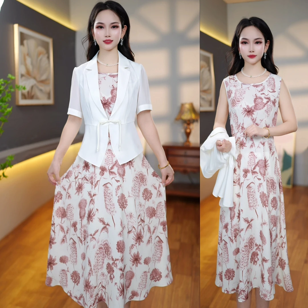 [两件套连衣裙]A19夏季新款连衣裙女洋气减龄遮肉显瘦碎花长裙