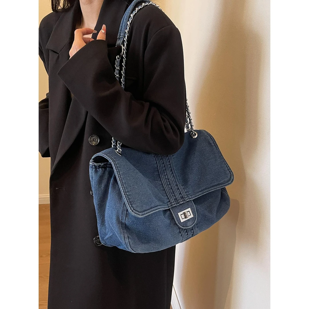 牛仔布包包女2025新款时尚大容量链条单肩包高级感上课通勤托特包