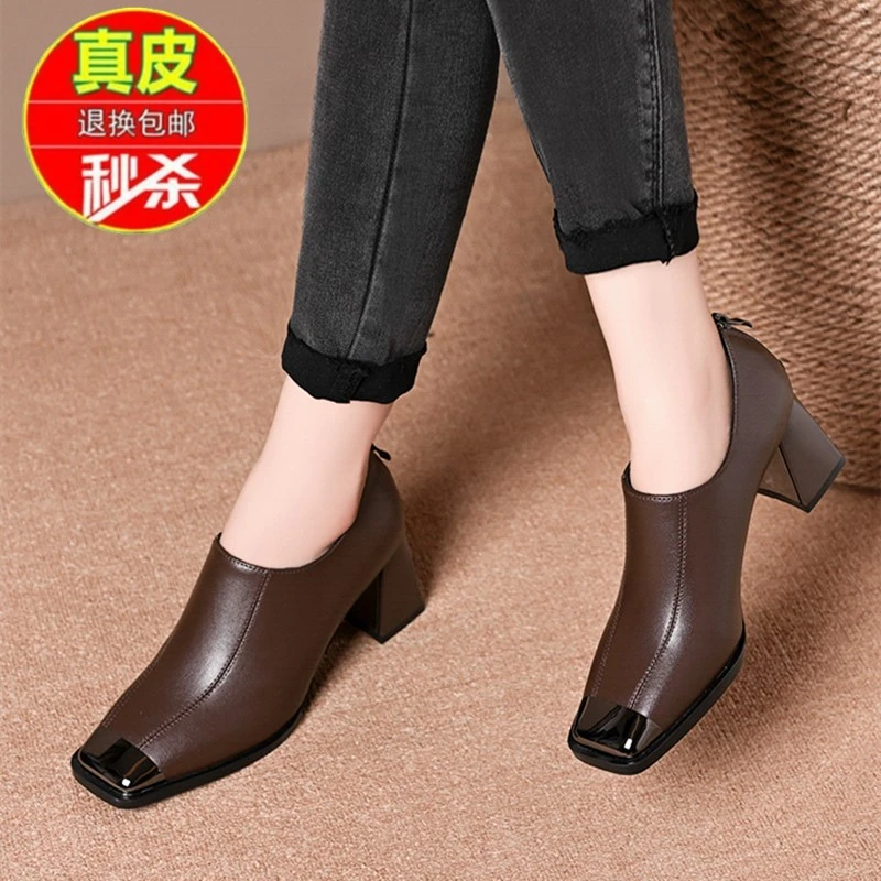 品牌断码新款法式气质方头高跟鞋女真皮粗跟深口单鞋春秋款小皮鞋