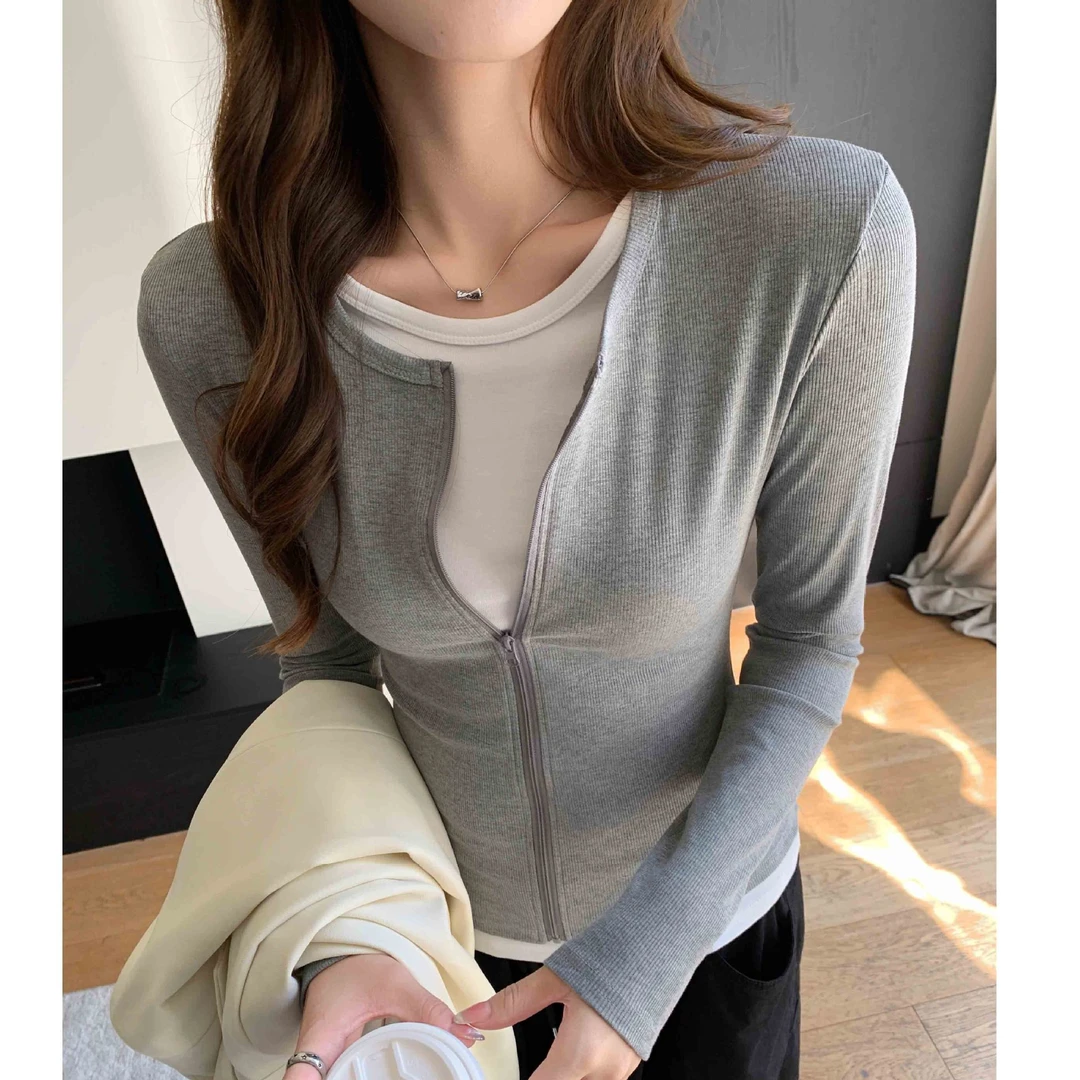 550严选拉链假两件上衣女内搭修身T恤条纹小众设计秋冬长袖打底衫