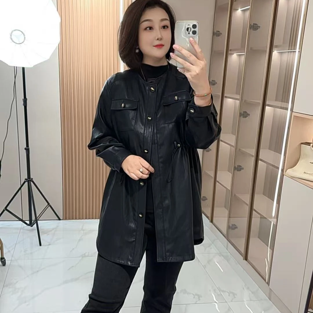 【聪姐推荐】3360韩范气质感中长款圆领PU外套（衣长86，胸围132）