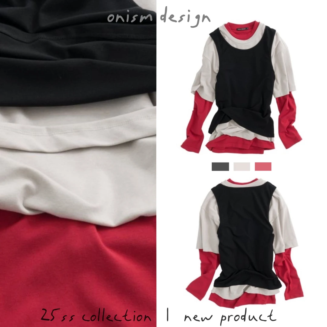 “几个我”时髦设计感羊毛撞色背心t恤长袖春季上衣叠穿真三件卫衣