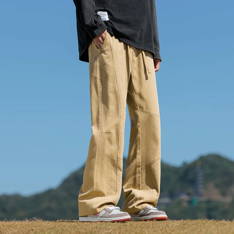 美式复古拼接水洗牛仔裤男春秋季宽松高街潮牌休闲直筒阔腿长裤子