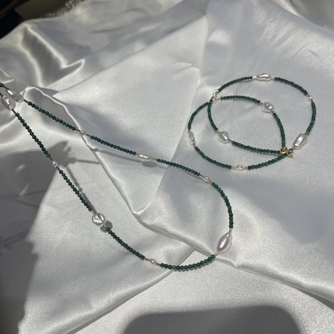 【原创设计】18k金极光天然野生无核keshi珍珠项链孔雀石多样发一