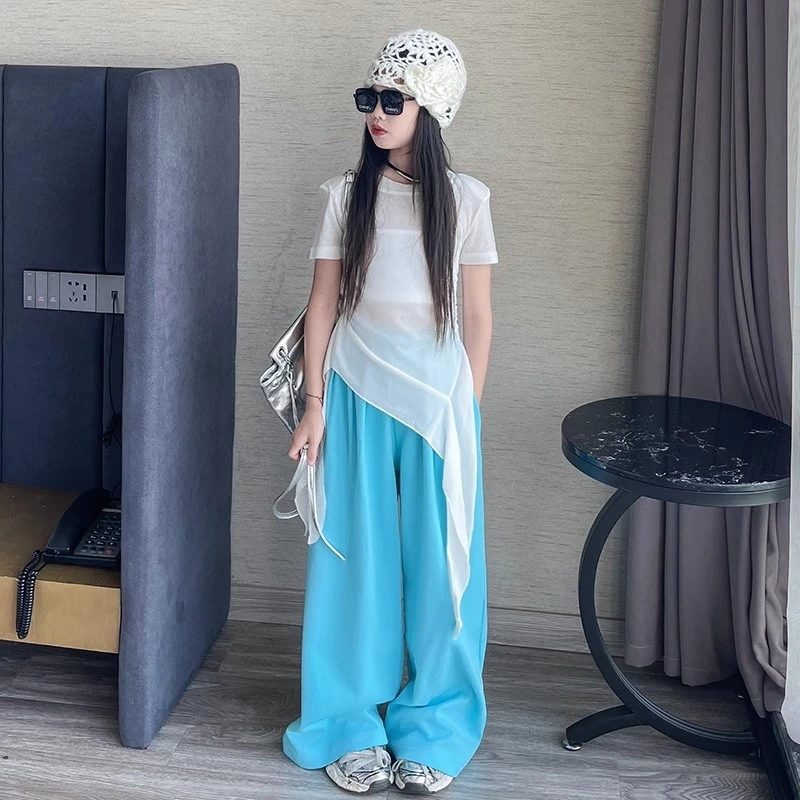 韩版设计感时尚气质不规则短袖t恤女童2025夏季薄款休闲裤两件套