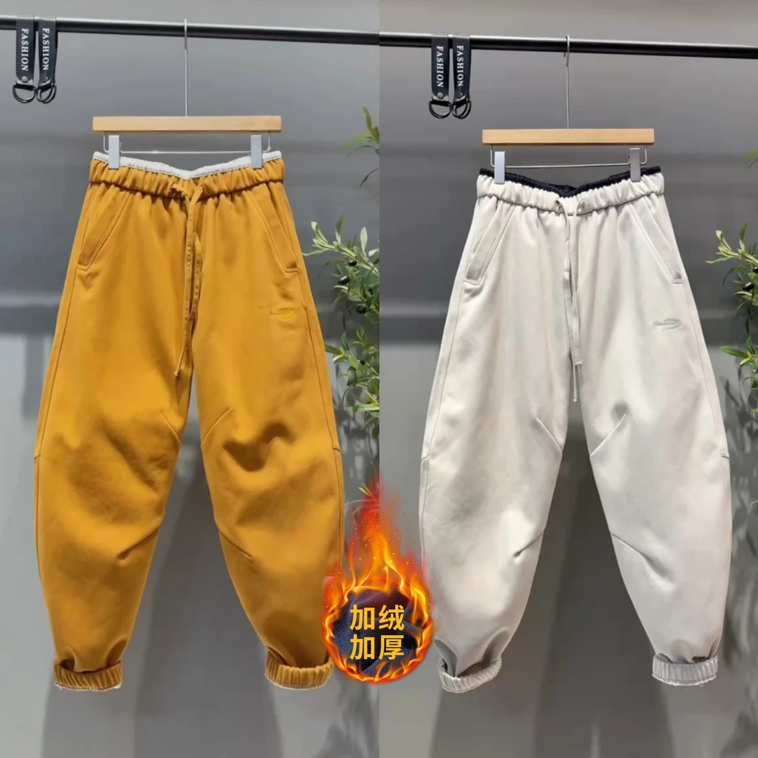 冬季潮牌刺绣加绒保暖束脚休闲裤男时尚简约宽松百搭运动哈伦卫裤
