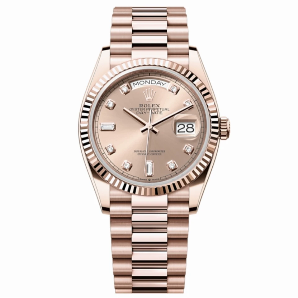 99新 Rolex/劳力士 24年全套/星期日历型系列128235粉盘钻刻