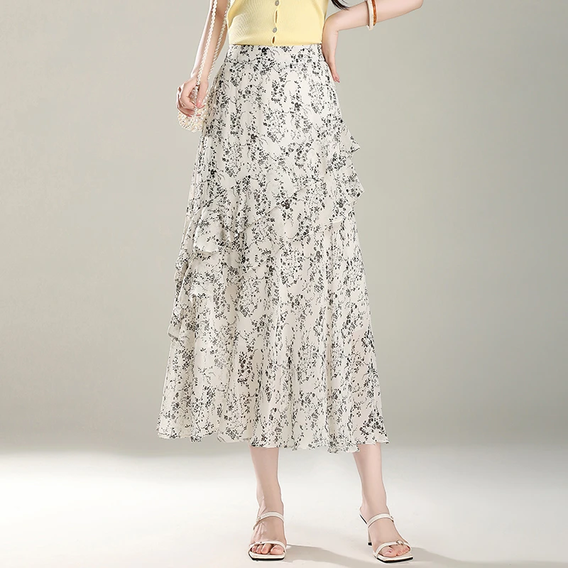 气质雪纺半身裙女夏新款高腰显瘦a字裙荷叶边包臀裙不规则碎花裙