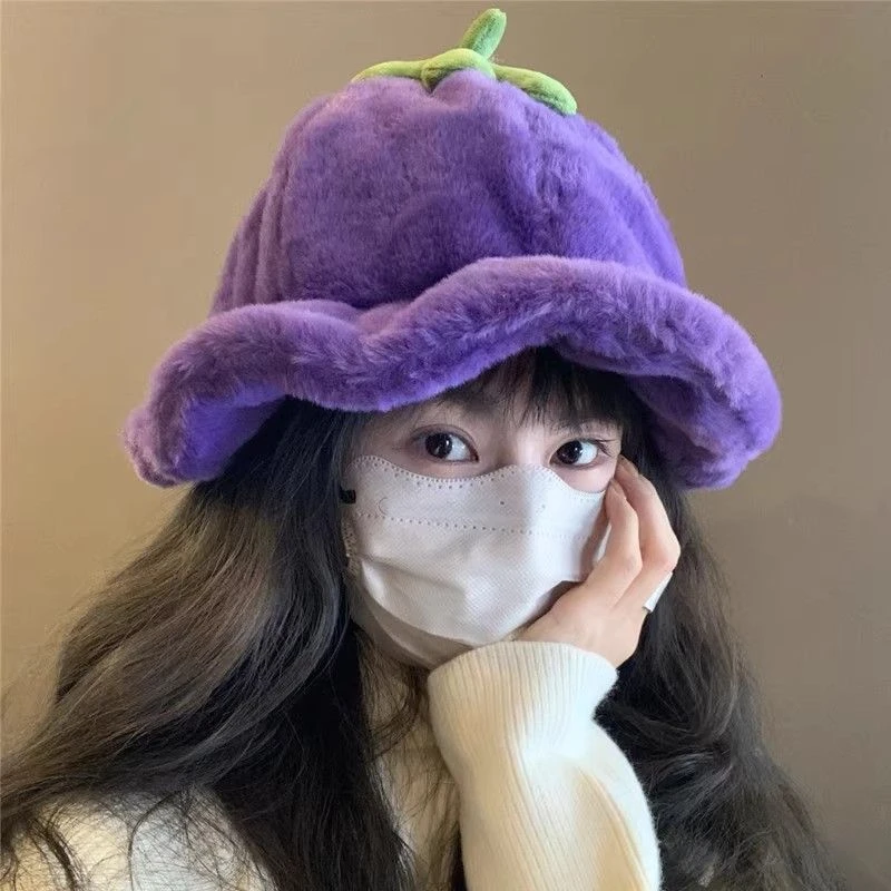 2024新款茄子毛绒软糯渔夫帽女秋冬季保暖卡通学生可爱显脸小盆帽