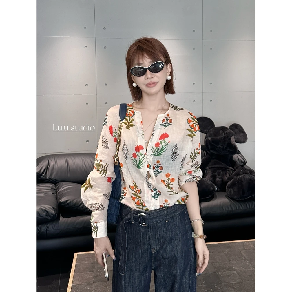 【乔乔专属】100苎麻晚风清梦女士休闲印花衬衫 SSS10356