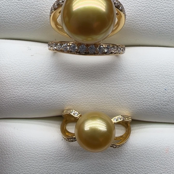 寻***)银S925镶嵌金珠戒指9-11mm(定制)海水珍珠