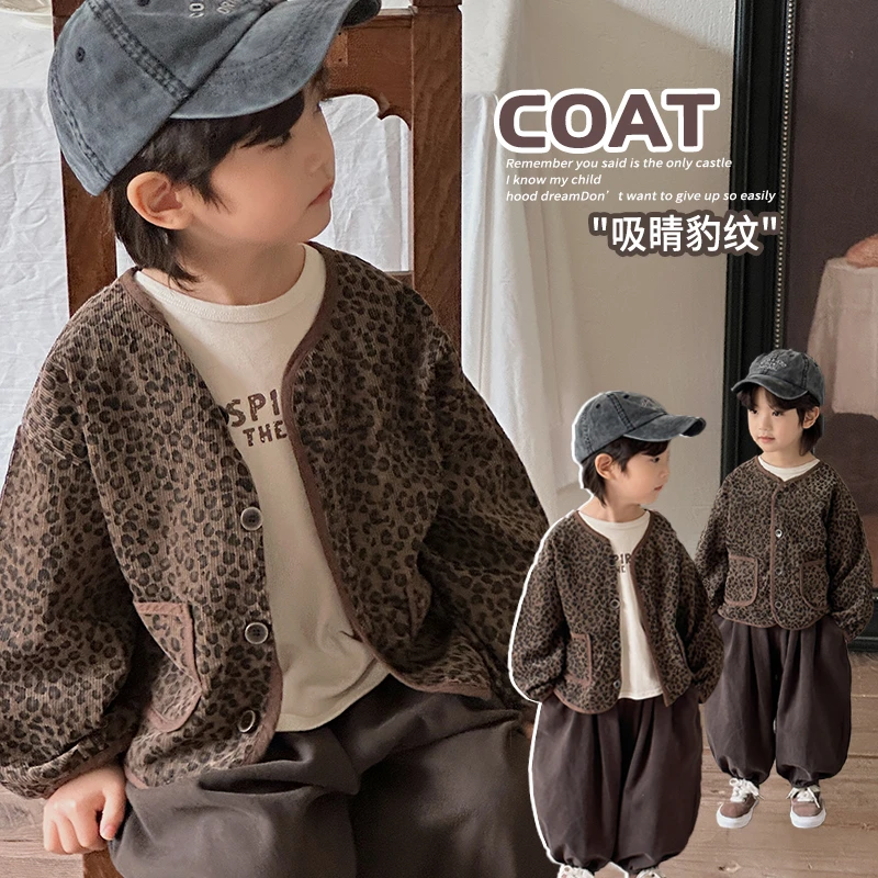 《反季特价》森系灯芯绒男女童豹纹V领开衫秋韩版儿童长袖WW121