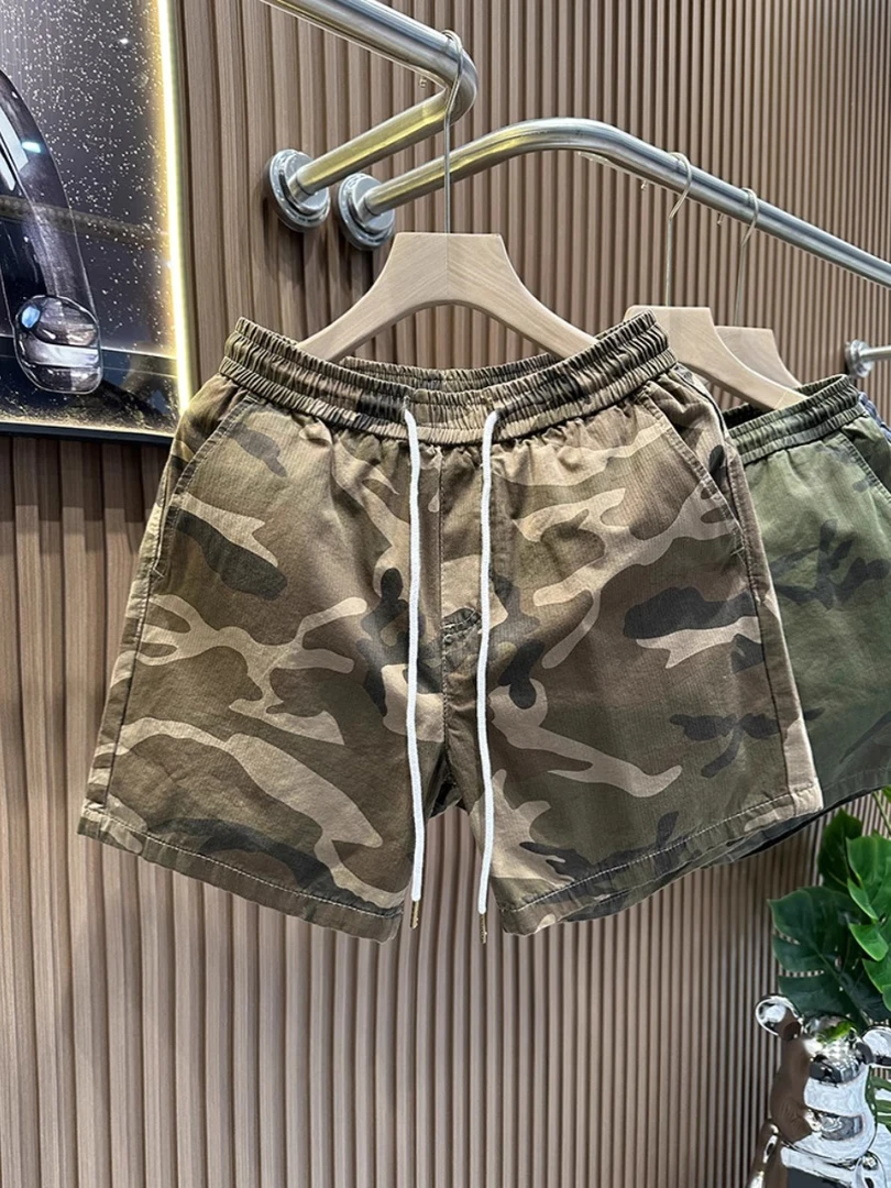 松紧腰抽绳迷彩工装四分短裤男宽松直筒夏季薄款潮牌ins休闲裤子